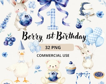 Pacote de Clipart de Aniversário com Tema de Mirtilos, Aquarela de Mirtilos, Primeiro Aniversário, Doce e Delicioso, 32 PNGs, Uso Comercial