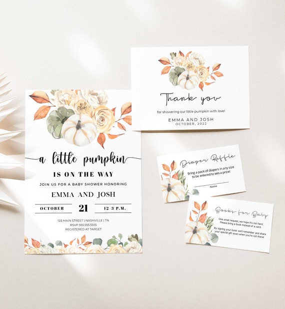 Little Pumpkin Baby Shower Invitation Bundle, Pumpkin Baby Shower Invitation Template, Books for Baby, Diaper Raffle, Thank You Card - LL4 Il_570xn