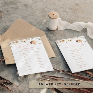 May include: A printable game card with a floral design and the title "Animal Gestation Game". The card lists 12 animals and their gestation periods in days. The text "Answer Key Included" is printed at the bottom of the card.