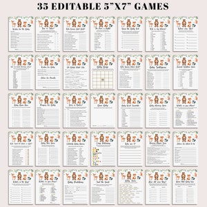 May include: Thirty-five printable baby shower games featuring woodland animal illustrations. The games are designed to be printed on 5x7 inch cards. The games include titles such as "Who Knows Mom Best?", "Baby Bingo", "Baby Word Scramble", "What's in Your Purse?", and "How Old Were They?"