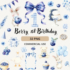 May include: Watercolor illustrations for a "Berry 1st Birthday" theme. Includes a bunny, bear, cake, and other elements with blueberries and blue accents. The text reads "Berry 1st Birthday", "32 PNG", and "COMMERCIAL USE".