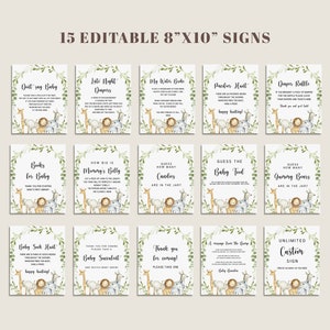 May include: Fifteen 8x10 inch printable signs with a jungle animal theme for a baby shower. The signs feature a variety of games and activities, such as "Don't Say Baby", "Late Night Diapers", "My Water Broke", "Pacifier Hunt", "Diaper Raffle", "Books for Baby", "How Big is Mommy's Belly", "Guess How Many Candies are in the Jar", "Guess the Baby Food", "Guess How Many Gummy Bears are in the Jar", "Baby Sock Hunt", "Thank You for Coming, Please Take a Baby Succulent", "Thank You for Coming! Please Take One", "A Message from the Bunnies", and "Unlimited Custom Sign".