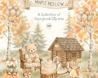 Puede incluir: Una ilustración digital titulada Maple Hollow A Collection of Storybook Cliparts 140 que muestra un oso de peluche en una silla, un cervatillo, un zorro, una cabaña de madera, un caballito, un pastel, calabazas y árboles en tonos otoñales.