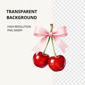May include: A watercolor illustration of two bright red cherries with green stems tied together by a light pink ribbon bow. The cherries feature glossy highlights and a realistic texture, presented against a plain white background.