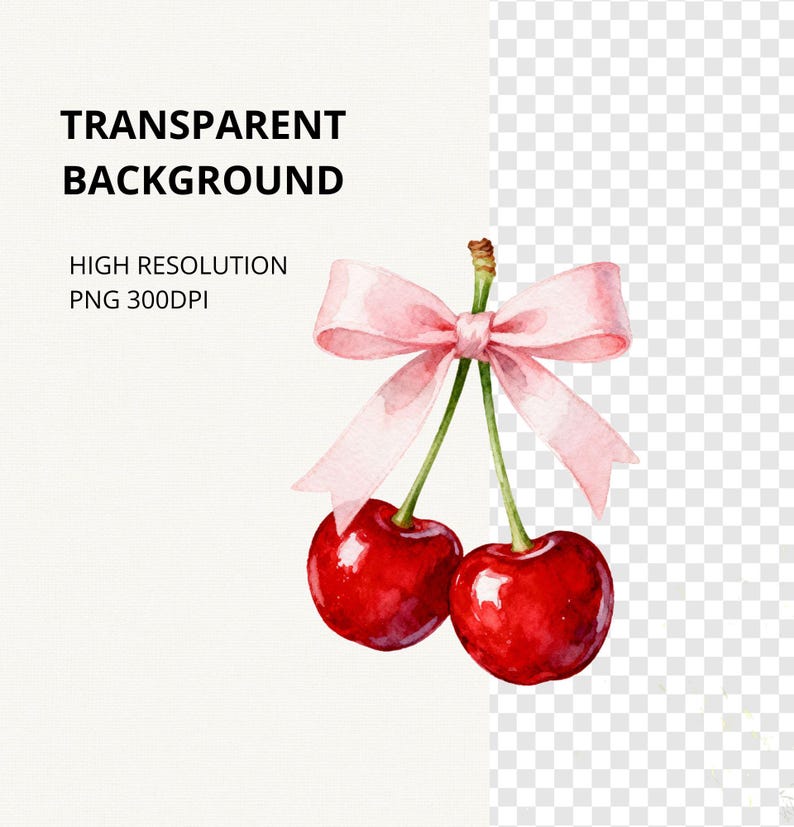 May include: A watercolor illustration of two bright red cherries with green stems tied together by a light pink ribbon bow. The cherries feature glossy highlights and a realistic texture, presented against a plain white background.