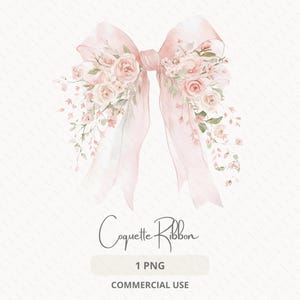 Pode incluir: Ilustra&ccedil;&atilde;o em aquarela de um la&ccedil;o rosa adornado com rosas e delicados detalhes florais. O la&ccedil;o apresenta longas fitas esvoa&ccedil;antes e est&aacute; rotulado "Coquette Ribbon" com o texto "1 PNG COMMERCIAL USE" abaixo.