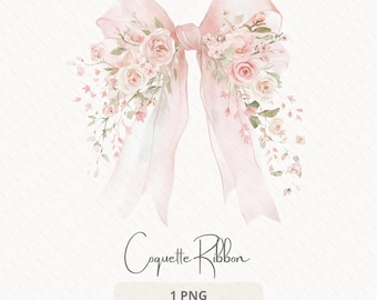 Puede incluir: Ilustración en acuarela de un lazo rosa adornado con rosas y delicados acentos florales. El lazo presenta largas cintas fluidas y está etiquetado "Coquette Ribbon" con el texto "1 PNG COMMERCIAL USE" debajo.