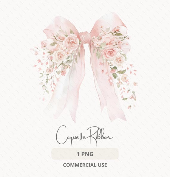 Pink Coquette Bow Ribbon, Watercolor Bow Clipart, Floral Pink Ribbons Clipart, PNG, Commercial Use