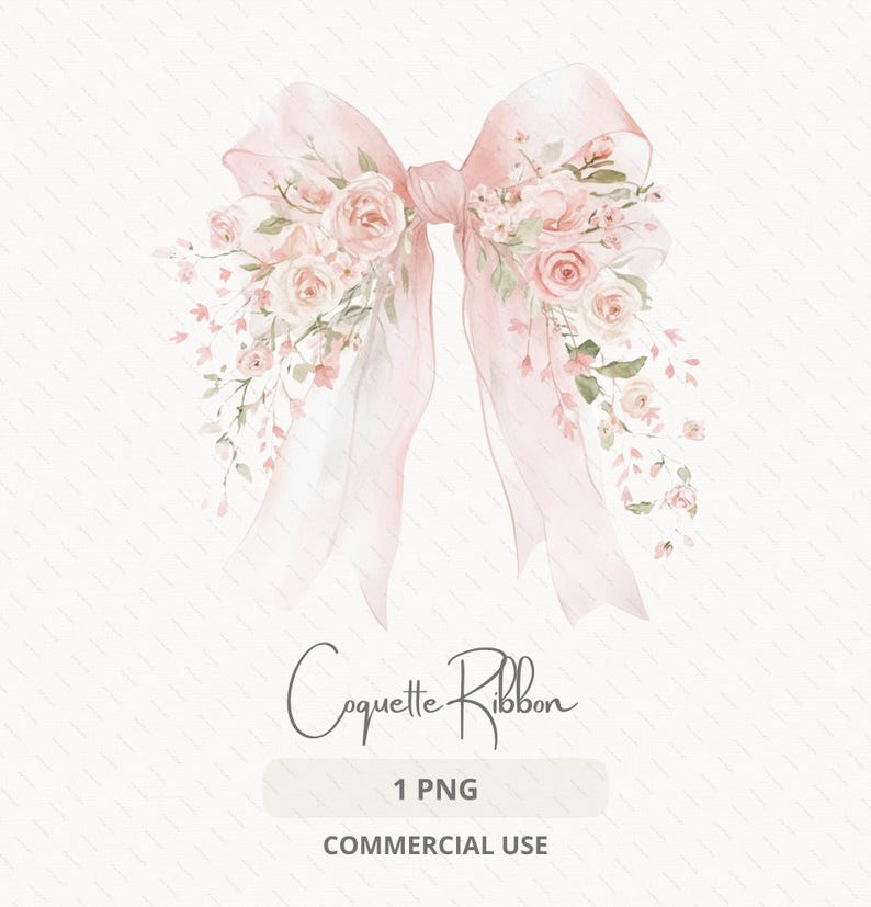 Pode incluir: Ilustra&ccedil;&atilde;o em aquarela de um la&ccedil;o rosa adornado com rosas e delicados detalhes florais. O la&ccedil;o apresenta longas fitas esvoa&ccedil;antes e est&aacute; rotulado "Coquette Ribbon" com o texto "1 PNG COMMERCIAL USE" abaixo.