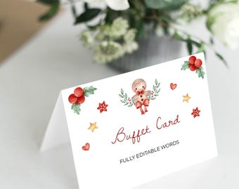 May include: A white, folded buffet card with watercolor illustrations of a gingerbread man, holly berries, stars, and hearts. The card reads "Buffet Card" and "FULLY EDITABLE WORDS" in red script.