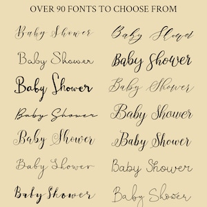 May include: A collection of 10 different font styles for the phrase "Baby Shower". The fonts are all cursive and have a variety of flourishes.