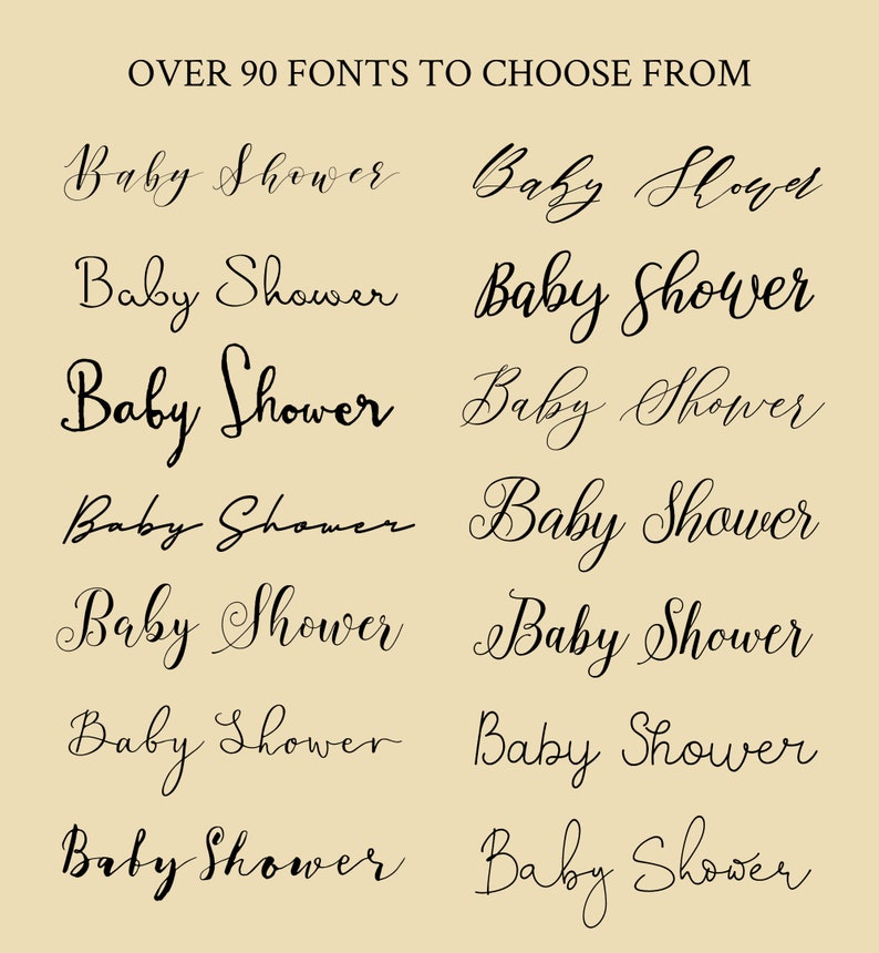 May include: A collection of 10 different font styles for the phrase "Baby Shower". The fonts are all cursive and have a variety of flourishes.