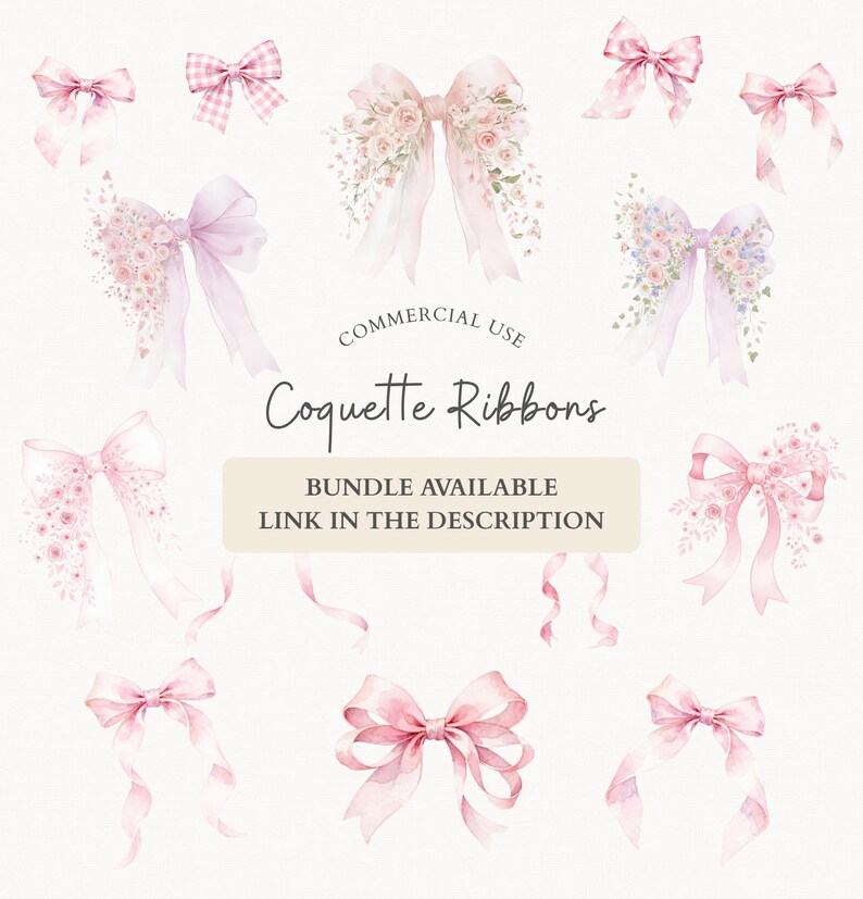 Laço rosa coquete, clipart de laço em aquarela, clipart de fitas florais rosa, PNG, uso comercial imagem 5