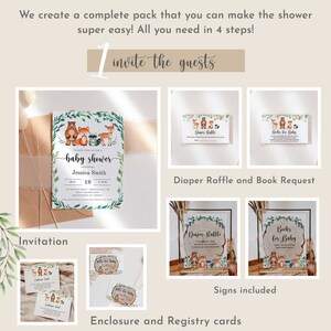 May include: A printable baby shower invitation with a woodland theme. The invitation features a brown bear, a fox, a deer, and a raccoon. The text on the invitation reads "Please join us for a baby shower honoring Jessica Smith".