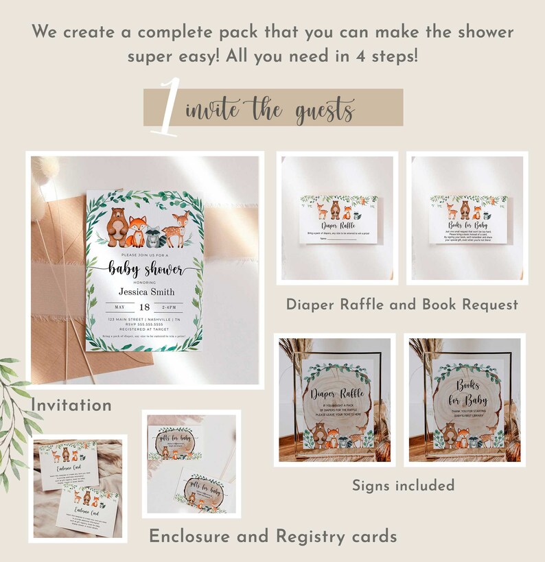 May include: A printable baby shower invitation with a woodland theme. The invitation features a brown bear, a fox, a deer, and a raccoon. The text on the invitation reads "Please join us for a baby shower honoring Jessica Smith".