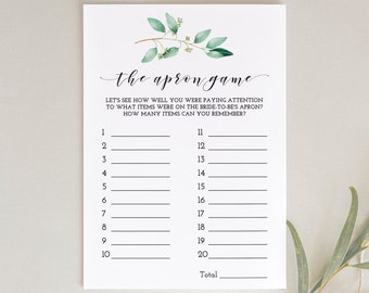 Apron game, guess the items on apron, greenery bridal shower memory game printable, kitchen shower, instant download - GN1