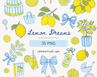 Pacote de Clipart de Limão, Clipart de Verão Cítrico, Laço Azul 35 PNG, Limão Ciao Estilo Preppy, Uso Comercial