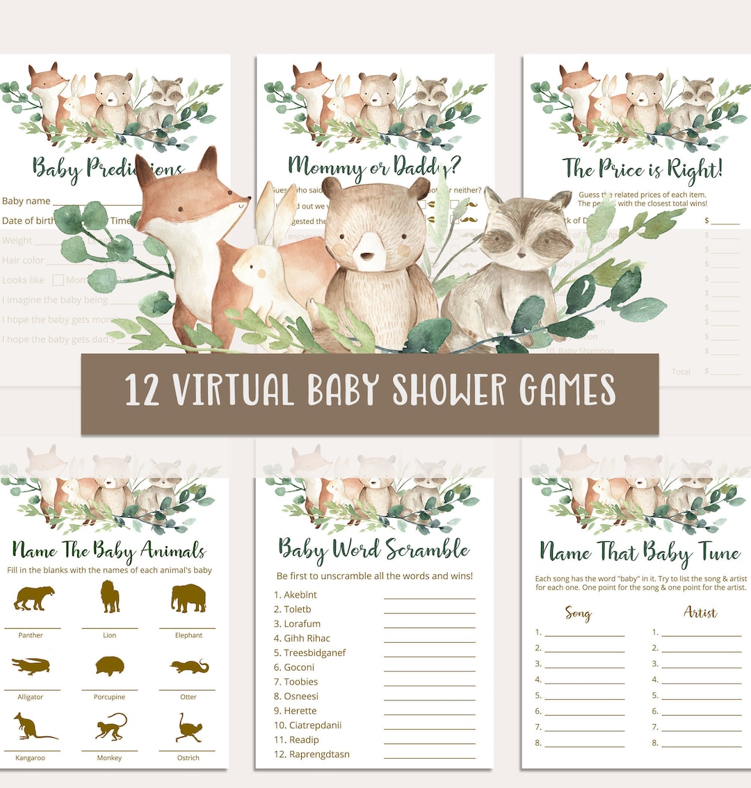 Virtual Baby Shower Games Bundle, Zoom Baby Shower Games, Woodland Baby Shower Game, Lockdown