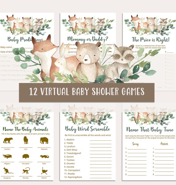 Virtual Baby Shower Games Bundle, Zoom Baby Shower Games, Woodland Baby Shower Game, Lockdown Baby Shower, Long Distance Baby Shower - FB3 Il_570xn