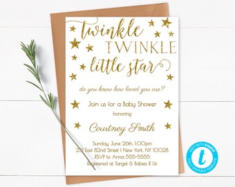 Twinkle Twinkle Little Star Baby Shower Invitation Template, Editable, Gold Glitter, Gender Neutral Invitation, Instant Download - SG1