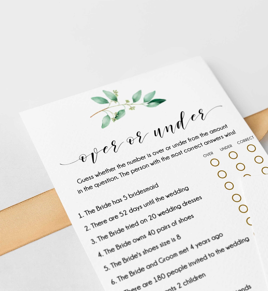 Over or Under Bridal Shower Game Editable, Over or Under Game, Greenery ...