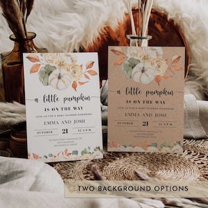May include: Two baby shower invitations with floral and pumpkin designs. The text reads "a little pumpkin is on the way" with details for Emma and Josh's shower on October 21st at 12:3 P.M. Two background options are shown.
