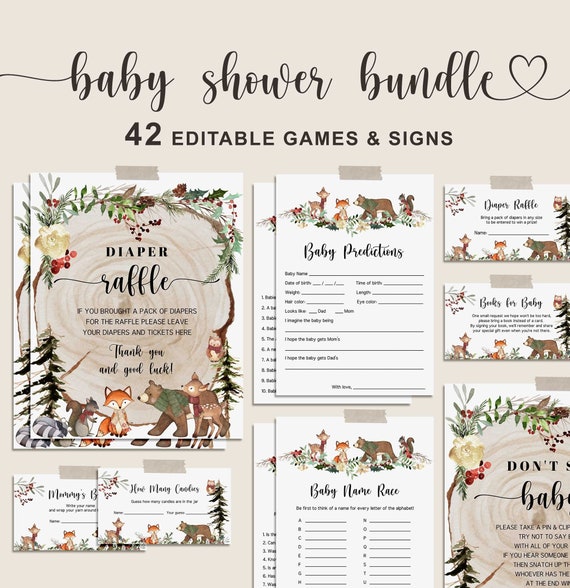 Woodland Baby Shower Games Bundle, Winter Woodland Baby Games Bundle, EDITABLE, Forest Baby Shower Game, Instant Download - WD2 Il_570xn