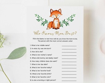 EDITABLE Fox Who Knows Mommy Best, Fox Baby Shower Quiz, Woodland Baby Shower Game, Printable, Instant Download - WT1