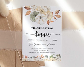 May include: Thanksgiving dinner invitation with a watercolor illustration of pumpkins, fall leaves, and flowers. The invitation includes the date, time, and location of the dinner. It also includes the text "Please bring your favorite side dish to share."