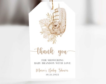 Bear Favor Tags, Bear Baby Shower Tags, Editable Thank You Tags, Instant Download, Boho Bear Baby Shower Thank You Tags - NK3