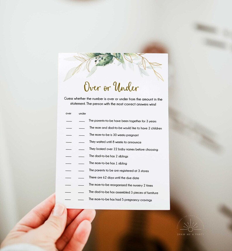 Over or Under Baby Shower Game Template, Greenery Baby Shower Games ...