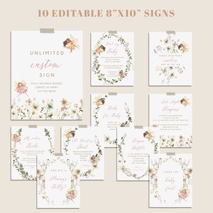 May include: Ten printable 8x10 inch signs featuring a fairy theme with floral accents. The signs include text such as "Guess how many candies are in the jar", "My water broke", "How big is mommy's belly?", "Late night diapers", "Books for baby", "Don't forget baby", "Diaper raffle", "The pacifier bowl", and "Guess the baby food".