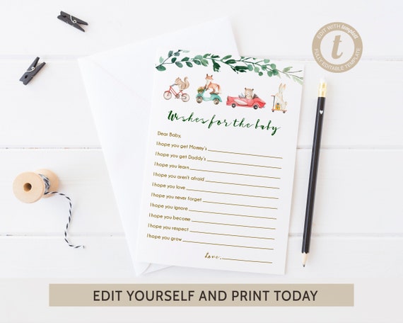 EDITABLE Wishes For Baby Woodland Baby Shower Well Wishes Card Printable Forest Baby Shower Game Instant Download - FB3 Il_570xn