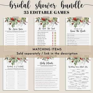Puede incluir: Un paquete de juegos para la despedida de soltera con 35 juegos editables. Los juegos incluyen "The Apron Game", "He Said, She Said", "How Well Do You Know the Bride", "Wedding A-Z Game", "Dirty Minds" y "Wedding Vows Mad Libs". Cada juego tiene un dise&ntilde;o floral.
