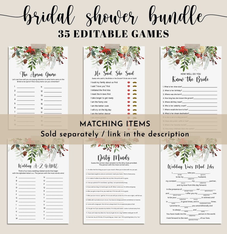 Puede incluir: Un paquete de juegos para la despedida de soltera con 35 juegos editables. Los juegos incluyen "The Apron Game", "He Said, She Said", "How Well Do You Know the Bride", "Wedding A-Z Game", "Dirty Minds" y "Wedding Vows Mad Libs". Cada juego tiene un dise&ntilde;o floral.