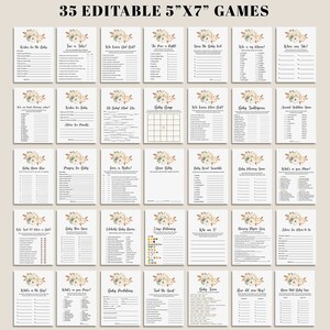 May include: A collection of 35 editable baby shower games printed on 5"x7" cards. Each card features a floral design in the top center. The games include "Wishes for the Baby", "Who Knows Mom Best?", and "Baby Bingo".