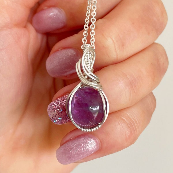 Amethyst sterling silver pendant 12mm, wire wrapped amethyst, hand made crystal pendant