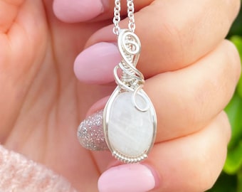 Moonstone crystal pendant, moonstone wrapped in sterling silver, moonstone necklace