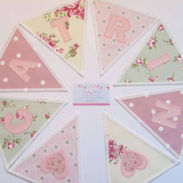 Personalised Name Fabric Bunting, Garland, New Baby Gift, Handcrafted Personalized Custom Banner, Room Decoration, Birthday Green Pink Cream