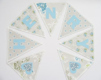 Personalized Name Fabric Bunting, Garland, New Baby Gift, Handcrafted Personalised Room Decoration, Birthday Banner, Made in UK, Blue Ivory