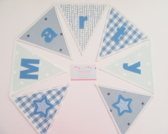 Personalised Blue Gingham Fabric Bunting: Boys Handcrafted Name Personalized Banner