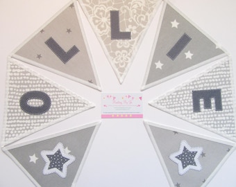 Personalized Name Bunting Banner: Grey Fabric Letter Garland