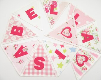 Personalized Name Fabric Bunting, Garland, New Baby Handcrafted Gift, Personalised Girls Room or Nursery Decoration, Birthday Made in the UK