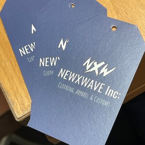 Pu&ograve; includere: Tre etichette di carta blu con testo bianco. Le due etichette superiori dicono "NEW CLOTH" e l'etichetta inferiore dice "NEWXWAVE Inc.: CLOTHING, APPAREL & CUSTOMS".