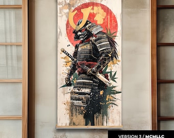 May include: A digital art print of a samurai warrior in a black and gold armor, holding a katana sword. The warrior is standing in front of a red and gold sun with green leaves and a white background. The print has the text "VERSION 3 / MCMLLC BUSHIDO SAMURAI" at the bottom.