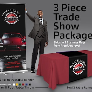 Retractable Banner - Table Throw and Table Runner Package - Trade Show 3 Piece Package Deal - Pop Up Banner and Table Cover Combo