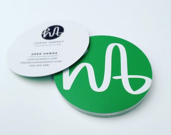 250 Two Inch Custom Circle Shaped Business Cards printed on 2 sides in full color. 14pt Glossy or Matte finish.