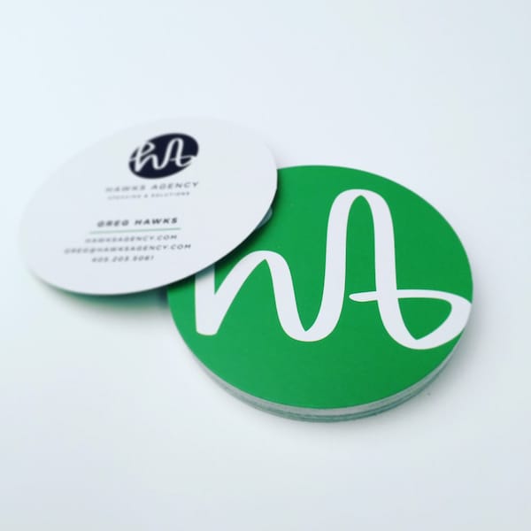 250 Two Inch Custom Circle Shaped Business Cards printed on 2 sides in full color. 14pt Glossy or Matte finish.