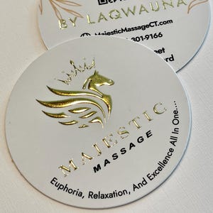 Circle Business Cards with Raised Foil - Gold, Silver or Holographic Silver  - 2.5 inch - Premium Quality - Soft Touch Laminated - High End