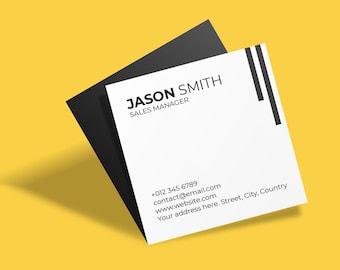 May include: A white business card with the name "JASON SMITH" and the title "SALES MANAGER" printed in black. The card also includes contact details and a website address. The card has black accents and is set against a yellow background.